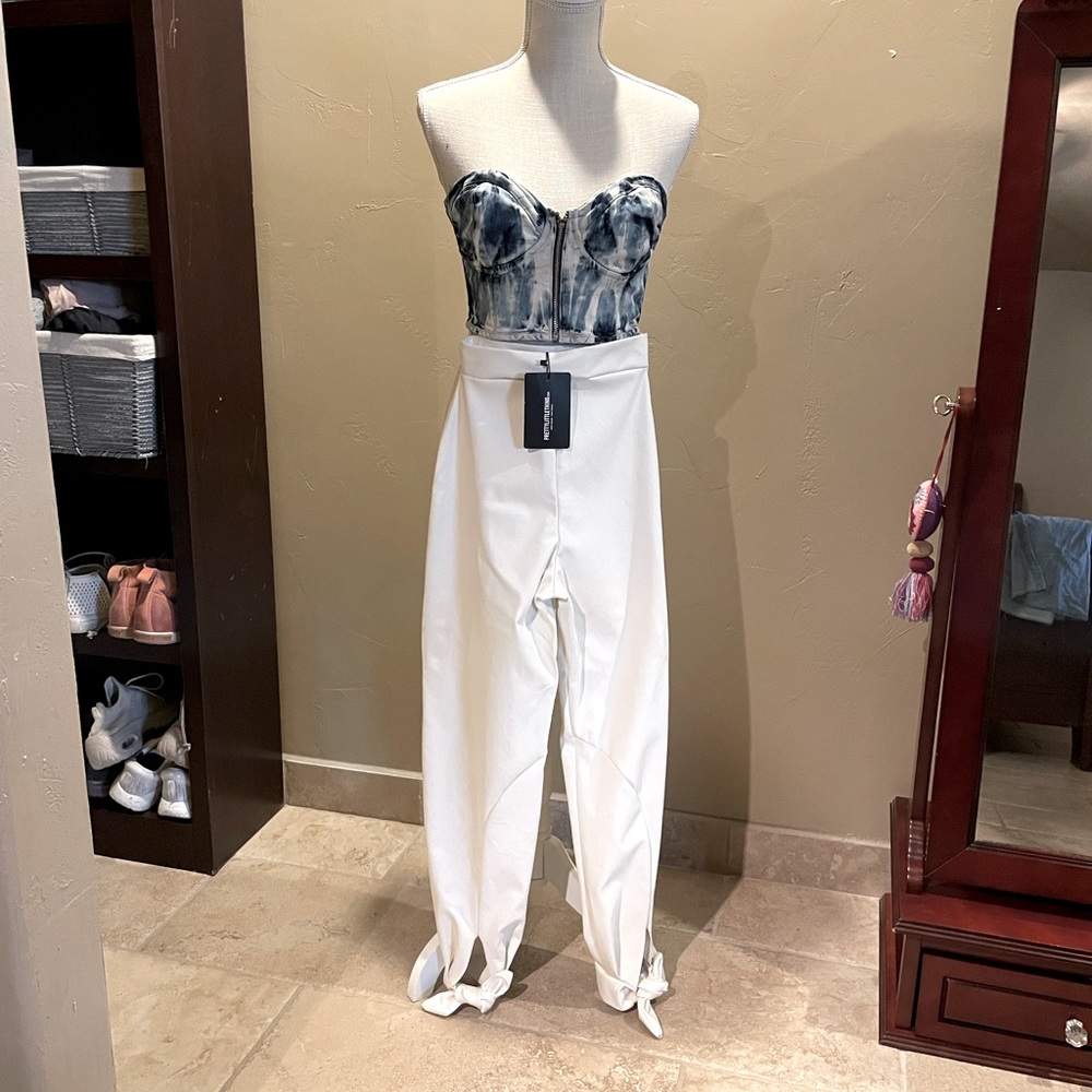 Prettylittlething Tall white tie cuff false leather pants
